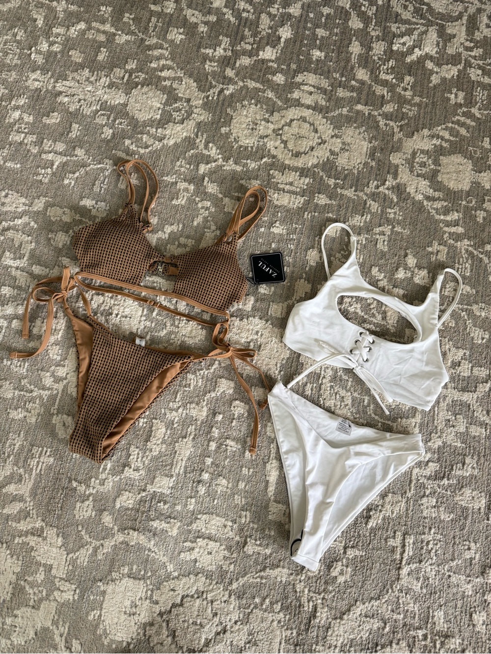 Size Small Brown Textured Tie-Side Bikini & White Lace-Up Bikini Tops Set